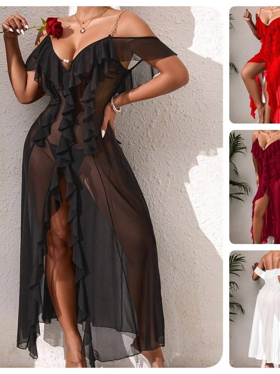 Solid Color Mesh Nightdress Wi - Mesh Strap Metal recensie en prijs